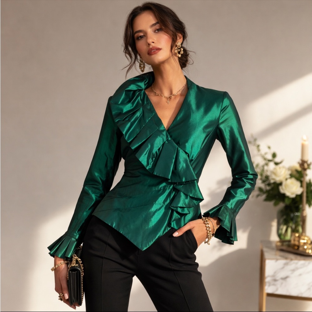 Worth Emerald Green Satin Asymmetrical Ruffle Blouse Size 2 NWT